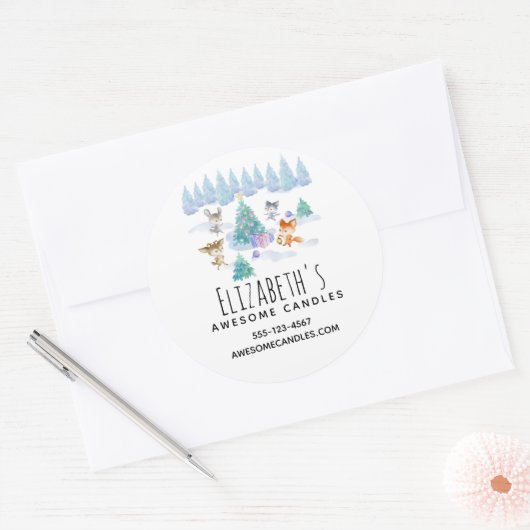 踊り森林動物クリスマスウォーターカラービズ ラウンドシール (封筒)