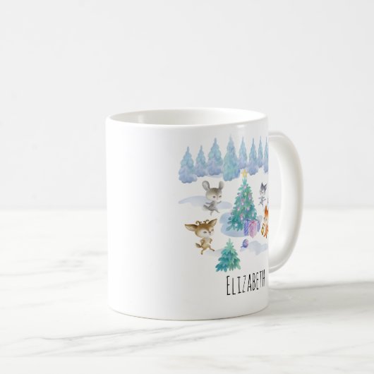 踊り森林動物クリスマスウォーター色 コーヒーマグカップ (正面右)