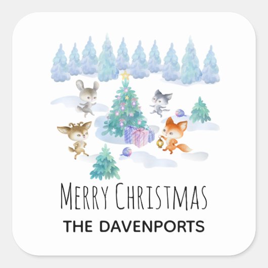 踊り森林動物クリスマスウォーター色 スクエアシール (正面)