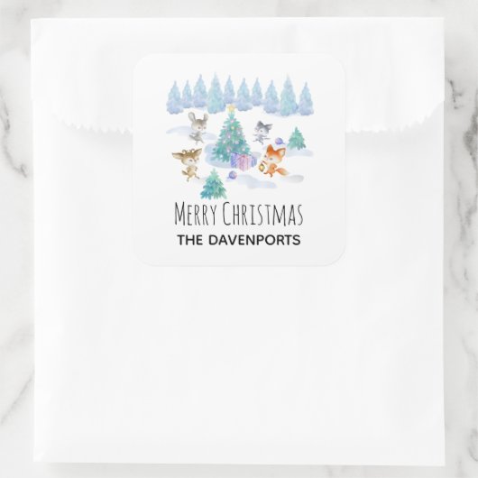 踊り森林動物クリスマスウォーター色 スクエアシール (バッグ)