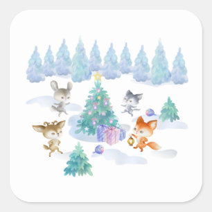 踊り森林動物クリスマスウォーター色 スクエアシール