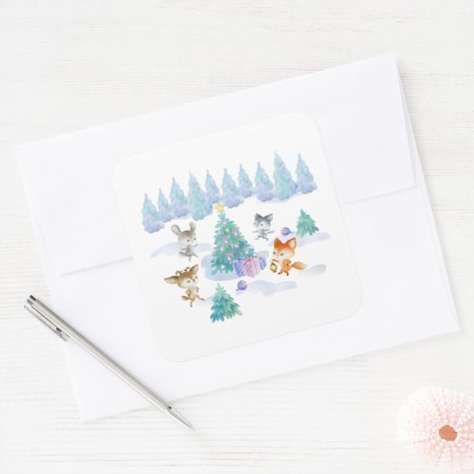 踊り森林動物クリスマスウォーター色 スクエアシール (封筒)