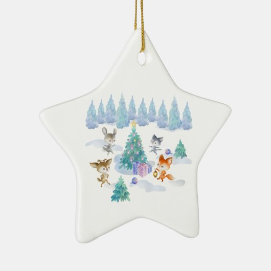 踊り森林動物クリスマスウォーター色 セラミックオーナメント (右)