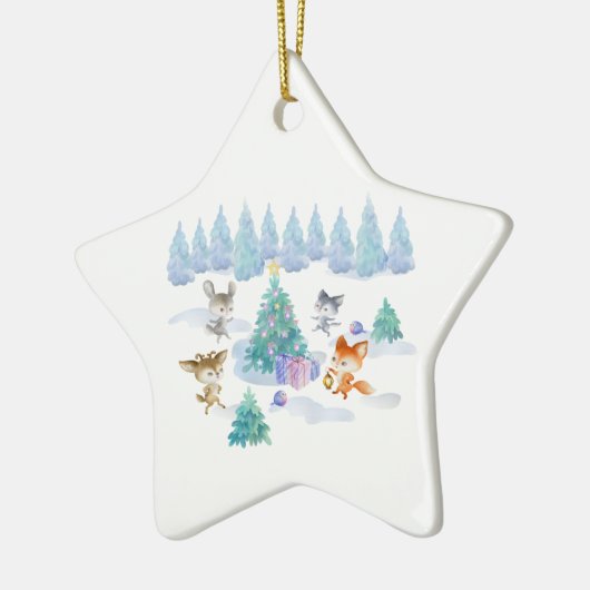 踊り森林動物クリスマスウォーター色 セラミックオーナメント (左)