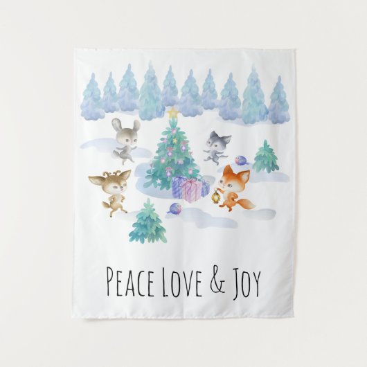 踊り森林動物クリスマスウォーター色 タペストリー (正面)