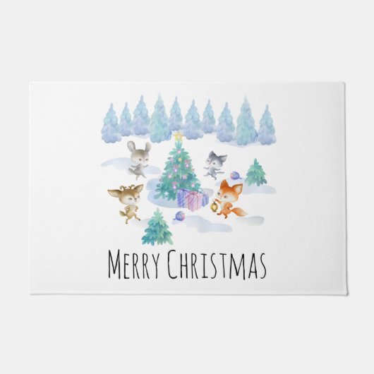 踊り森林動物クリスマスウォーター色 ドアマット (正面)