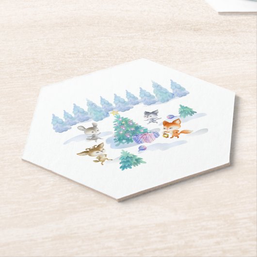 踊り森林動物クリスマスウォーター色 ペーパーコースター (アングル)