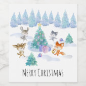 踊り森林動物クリスマスウォーター色 ワインラベル (シングルラベル)