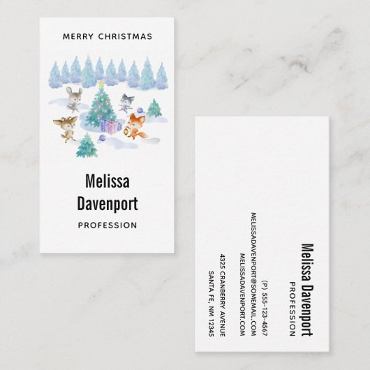 踊り森林動物クリスマスウォーター色 名刺 (正面/裏面)