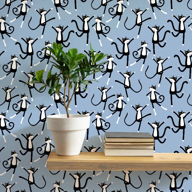 踊り猫パターン青 壁紙 (Fun black and white tuxedo cat pattern blue peel and stick art wallpaper)
