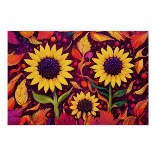 踊り秋のひまわりカラフル畑 ポスター (正面)