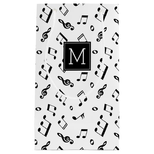 踊り音符のパターンとモノグラム スモールペーパーバッグ (正面)