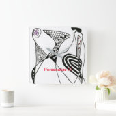 「踊り・ヘン」は鶏肉を白黒に抽象化 スクエア壁時計 (ホーム)