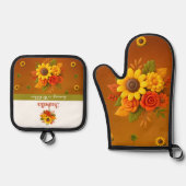 「踊りinキッチン」 – 秋のひまわり花束 鍋つかみ&鍋敷きセット (正面)