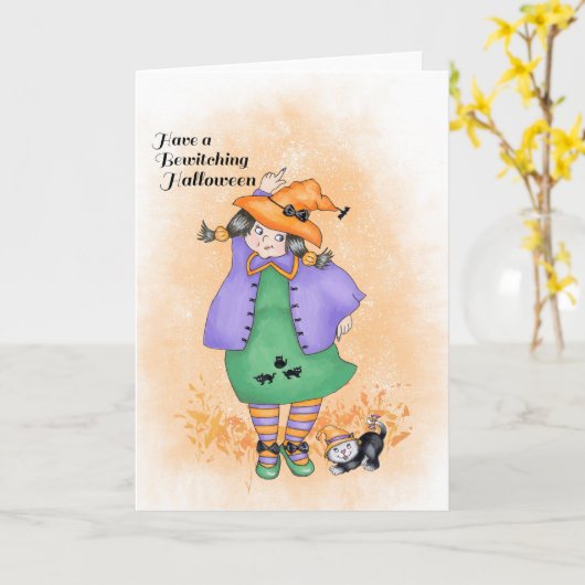 踊る魔女と猫 カード (黄色い花)