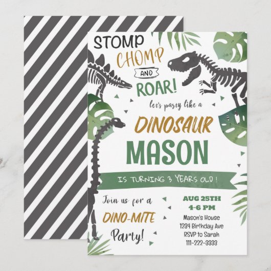 踏み潰せ！うなり声の恐竜の誕生日招待状 招待状 (正面/裏面)