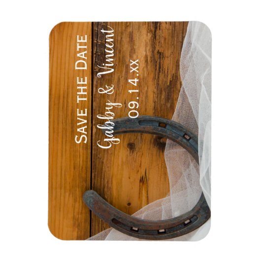 蹄鉄とベールの国の結婚式の日付を保存 マグネット (縦)