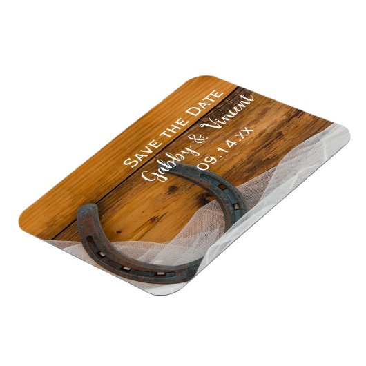 蹄鉄とベールの国の結婚式の日付を保存 マグネット (左側)