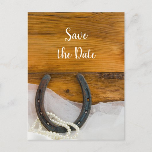 蹄鉄と真珠のウェスタンウェディング日付を保存 案内ポストカード (正面)