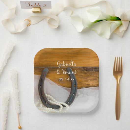 蹄鉄と真珠のカントリーウェスタン結婚ズ ペーパープレート (ウェディング)