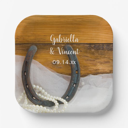 蹄鉄と真珠のカントリーウェスタン結婚ズ ペーパープレート (正面)