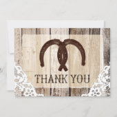 蹄鉄の素朴な木およびレースは感謝していしています サンキューカード (正面)