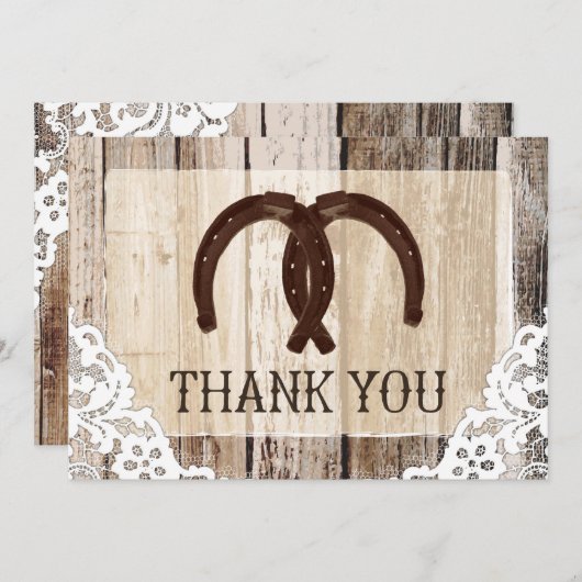 蹄鉄の素朴な木およびレースは感謝していしています サンキューカード (正面/裏面)