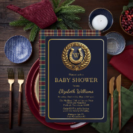 蹄鉄名門私立校風の格子型モノグラム赤ちゃんシャワー 招待状