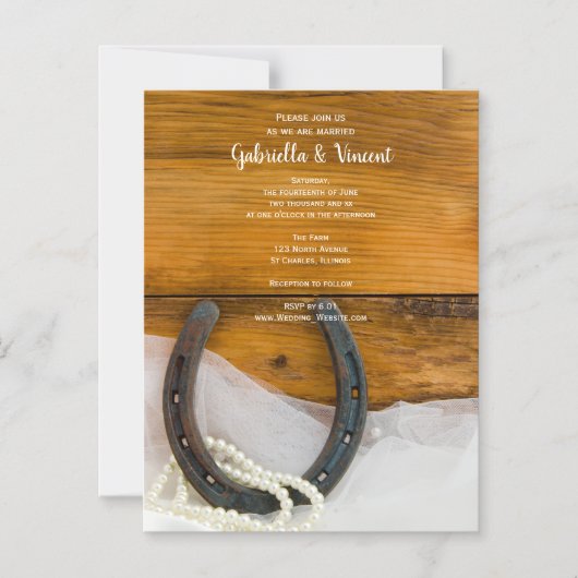 蹄鉄、真珠と納屋の木の国の結婚式 マグネット招待状 (正面)