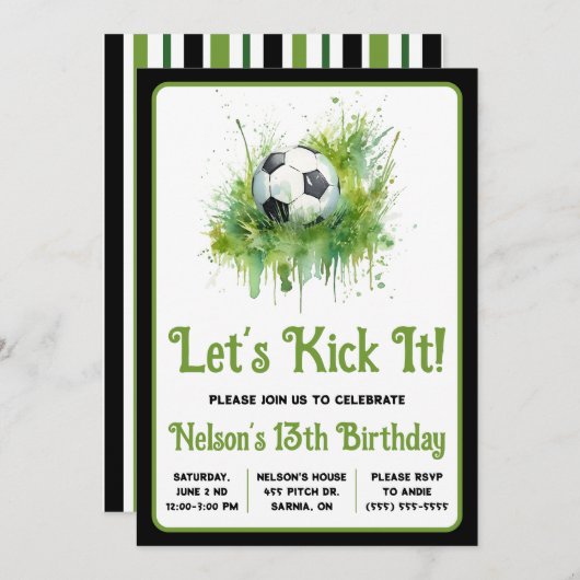 蹴ろうぜ!サッカーをテーマにしたキッズ誕生日 招待状 (正面/裏面)