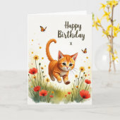 躍る猫の誕生日カード カード (黄色い花)