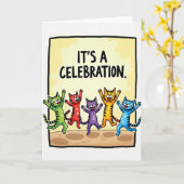 躍動する猫の誕生日カード カード (黄色い花)