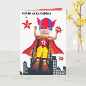 車いすスーパーヒーローガール💥飛んでいるヒーロー誕生日 カード (黄色い花)