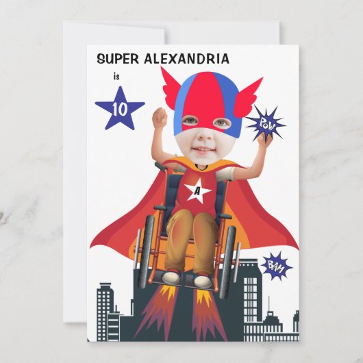 車いすスーパーヒーローガール💥飛んでいるヒーロー誕生日 招待状 (正面)