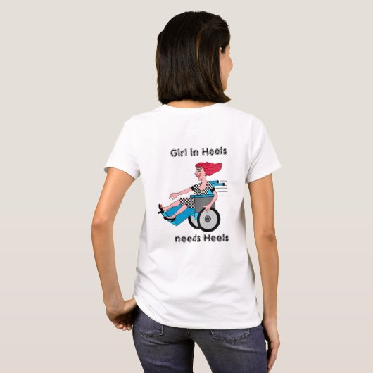 車いす女転がの子が後ろを見る Tシャツ (裏面フル)