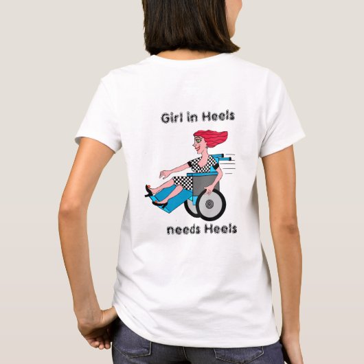 車いす女転がの子が後ろを見る Tシャツ (裏面)