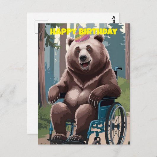 車いす誕生日に茶色のクマを自然 ポストカード (正面/裏面)