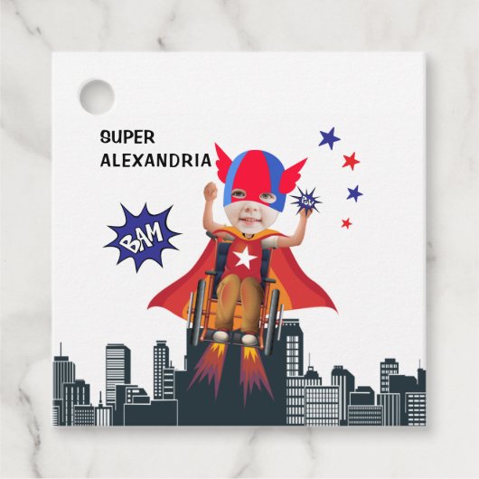 車いす飛んでいるスーパーヒーローガール誕生日 フェイバータグ (正面)