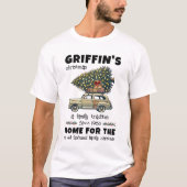 車おもしろいの上の木の家族の名前クリスマス Tシャツ (正面)