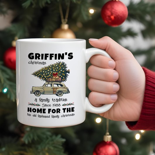 車おもしろいの木の家族のクリスマス ツートーンマグカップ