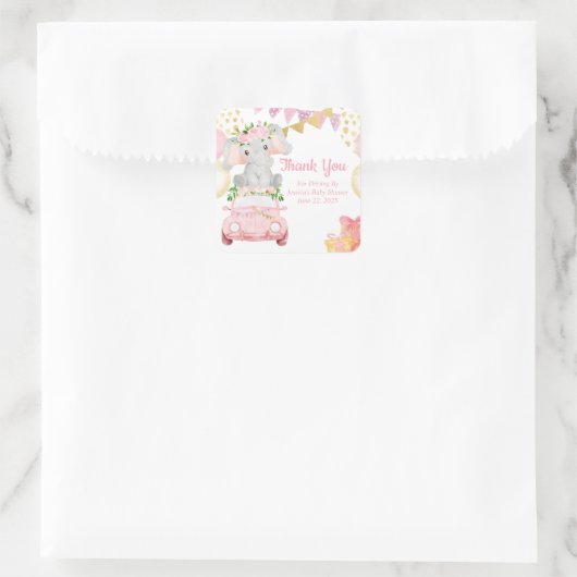車でゾウの赤ちゃんシャワーありがとうステッカー スクエアシール (バッグ)