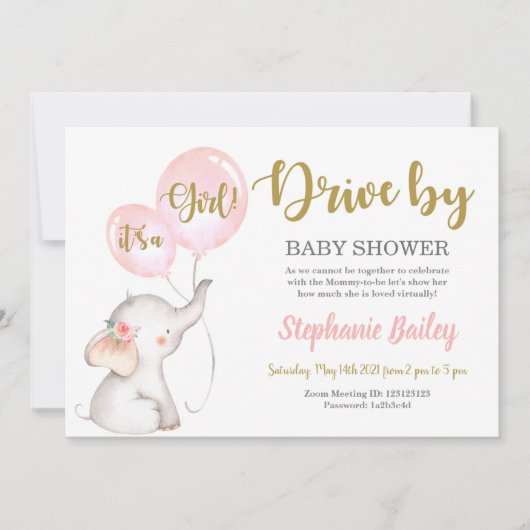 車でゾウの赤ちゃんシャワーガール 招待状 (正面)