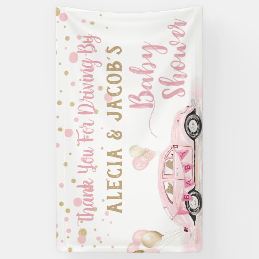 車でドライブ女の子ベビーシャワーありがとうピンク 横断幕 (縦)