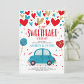 車でバレンタイン赤ちゃんシャワースウィートレッドブルー 招待状 (スタンド正面)