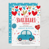 車でバレンタイン赤ちゃんシャワースウィートレッドブルー 招待状 (正面/裏面)