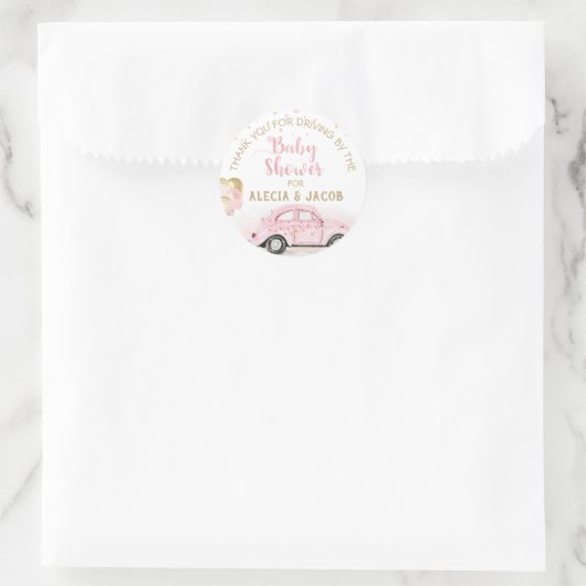 車で女の子ドライブ赤ちゃんシャワーありがとうピンク金ゴールド ラウンドシール (バッグ)