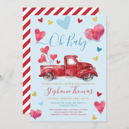 車で男の子バレンタインデーシャワーとハート 招待状 (正面/裏面)