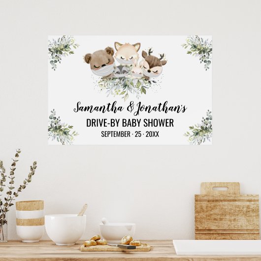 車で行ける赤ちゃんシャワー森林動物 ポスター (キッチン)
