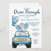 車で赤ちゃんシャワーエレファントを車で通る 招待状 (正面/裏面)