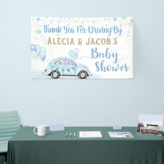 車で車の男の子の赤ちゃんシャワーありがとう青金ゴールド 横断幕 (トレードショー)